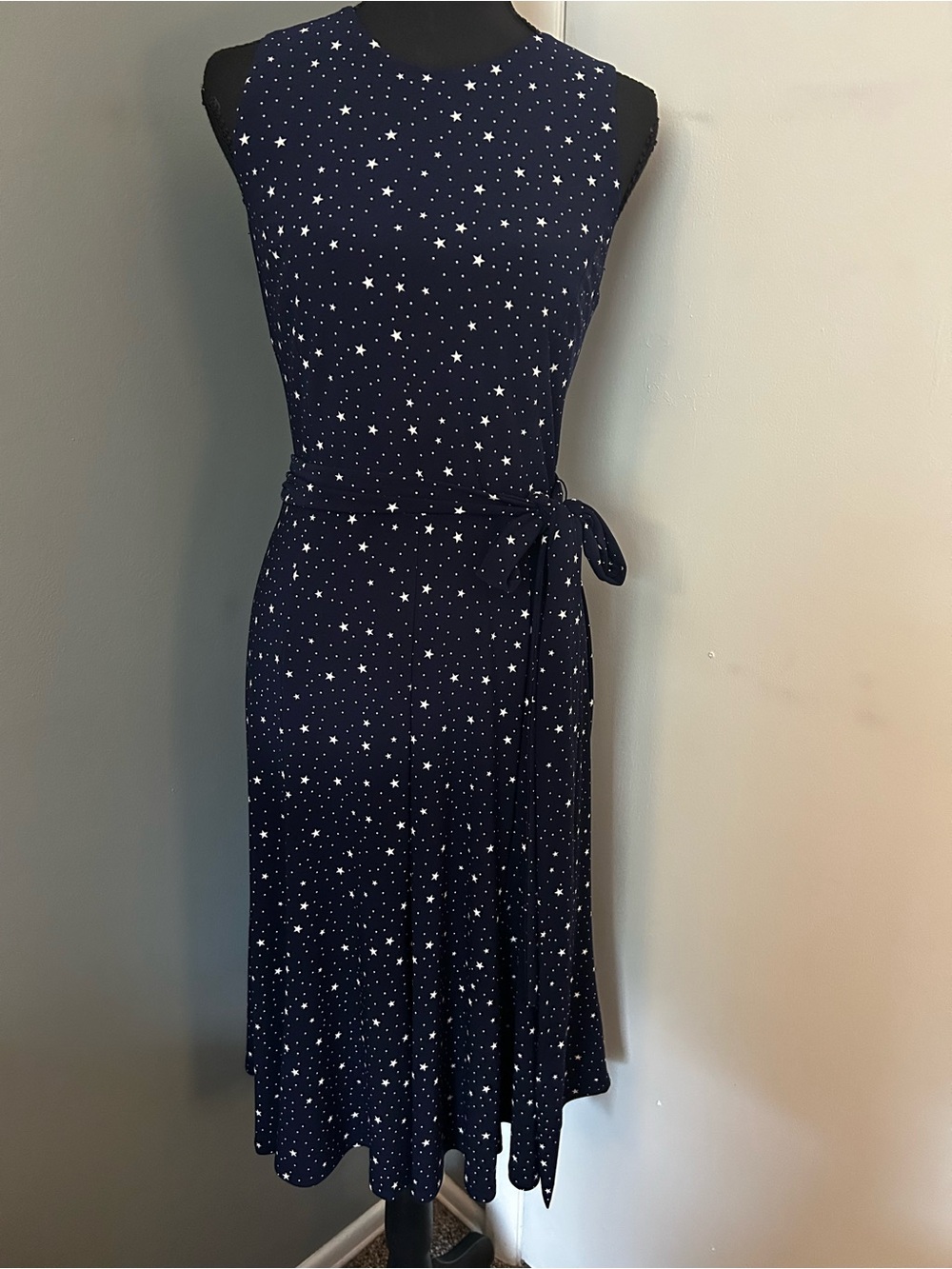 Ralph Lauren Sleeveless Navy Star-Print Tie-Waist Dress